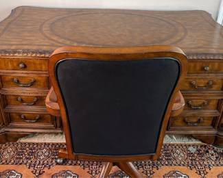 Solid Wood Sligh Desk And Leather Rolling Chair
