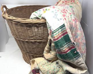 Large Rustic Laundry Hamper Basket With Vintage Tattered Quilt