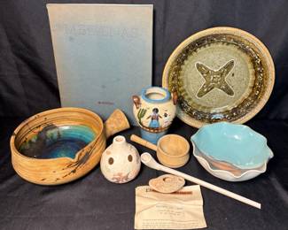 studio pottery, ceramic vessels, a book titled Mednas, and an antique Byzantine pottery oil lamp.