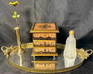 artisancrafted Peruvian reversepainted glass jewelry chest Hollywood Regency ormolu Mirror Tray