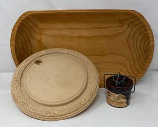 Vintage English Wood Carved Bread Board, Wood Dough Trough And Sourdough Crock