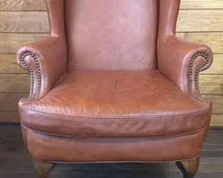 Hickory Craft Cognac Brown Leather Wingback Armchair With Brass Nailhead Trim