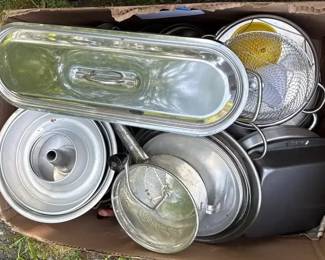 Mystery Lot Of Kitchen Pot Pans, Baking Dishes, Sifters, And More