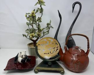 Vintage Japanese Teapot WBamboo Handle, Chinese Bonsai Tree, Pair Of Swan Figurines, Asian Shell