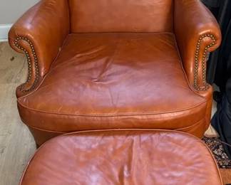 Cognaccolored Leather Wingback Chair With Matching Ottoman