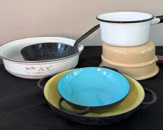 Vintage Enamel Skillet, Pots And More