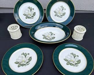 Windsor Arcadian Magnolia Salad Plates, Serving Bowl, Lenox Tea Light Candle Holders
