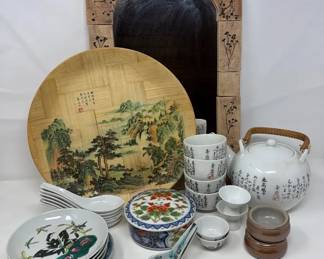 Vintage Herbier Tile Mirror, Woven Bamboo Plate, Japanese Porcelain Teapot Set,Imari Style Trinket