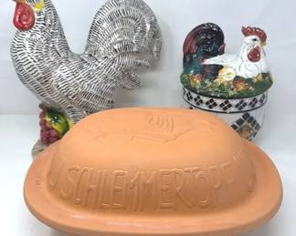 Vintage German ScheurichKeramik Terracotta Clay Roaster And Ceramic Chickens
