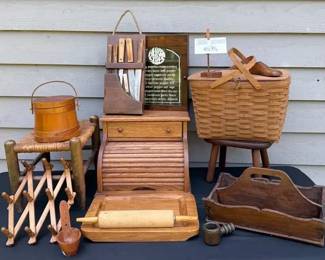 Vintage Wood Bread Box, Picnic Basket, Stools, Spice Cabinet And More