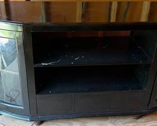 Black Wood Media Console With Curved Silhouette With Glasspaneled Cabinet Doors