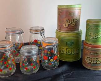 Vintage Kitchen French ARC Glass Bale Wire Jars With Floral Designs Ballonoff Tin Stacking Cans