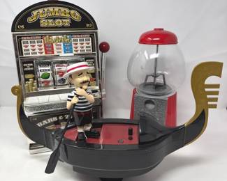 Nostalgic Entertainment Jumbo Slot Savings Bank, Metal Gumball Machine, Plastic Singing Gondolier