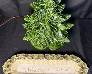 vintage green glazed ceramic tabletop Christmas tree, likely from a classic mold brand like Holland