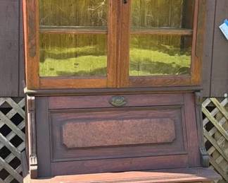 Victorian Walnut Burlwood TwoPart Secretary and GlassFront Bookcase