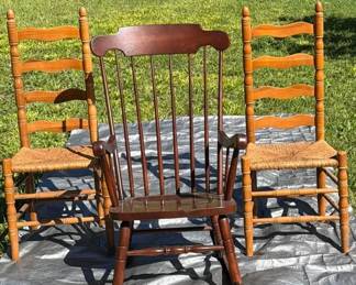 2 Ladderback Chairs With Woven Rush Seats Dark Wood Rocking Chair