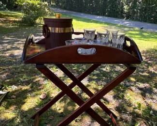 mahoganyfinish folding butler tray table With Ice Box And Glasses