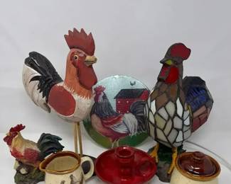 Vintage Tiffany Style Stained Glass Rooster Lamp, Country Road Creamersugar Set, Vintage Red Candle