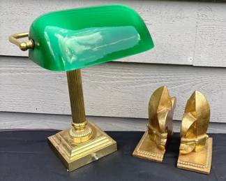 traditional bankers desk lamp With Gold Book Ends