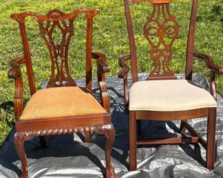 Pair Of Vintage Wood Chippendale Style Chairs With Cloth Upholstered Seats