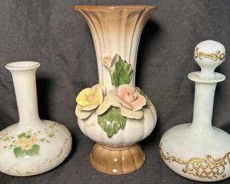 vintage Nuova Capodimonte porcelain vase, white milk glass barber decanter