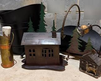 Log Cabin Lights, Metal Coal Bucket, Tole Brass Footed Log Holder And More