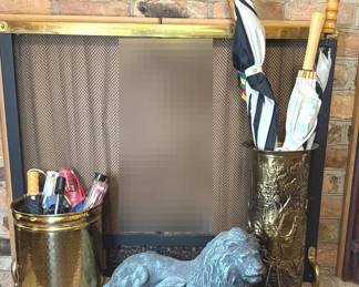 Vintage Patina Concrete Lion And Brass Repousse Umbrella Stand And More