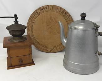 Vintage Wooden Coffee Grinder, Hand Carved Wooden Advertising Bread Board And Vintage Coffee Pot
