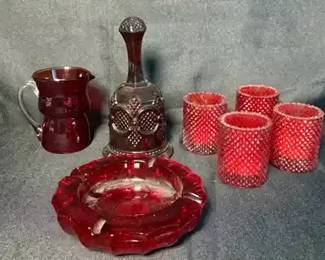 vintage ruby red glassware pieces, Avon 1876 Cape Cod Collection, diamondpattern Ashtray