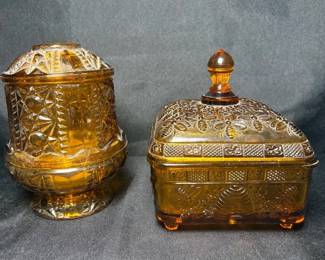 vintage amber glass honey bee lidded dish And Fairy Lamp