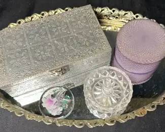 vintage silvertone embossed decorative box set features an ornate engraved rectangular trinket box