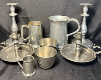 Pewter Candle, Stick Holders And Cups