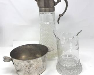 Vintage Entertaining Silver Plated Cut Glass Pitcher, Celery VaseFrench Tinned Metal Charlotte Mold