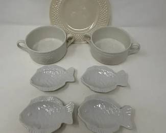 white ceramic fishthemed tableware featuring a serving plate, two handled soup or chowder bowls