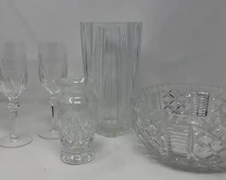 Waterford Champagne Flutes , Robbed Crystal Base, Vintage Patterned Bowl And Base