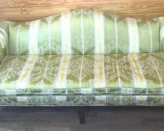 Vintage Heritage Curved Back Settee Green And Cream Damask Upholstery