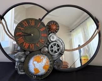 Pair Of 20 Diameter Mirrors With Rope Hanger, Resin Gear Shape Clock