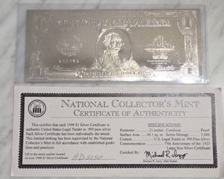 1998 $1 Silver Certificate, .999 Silver