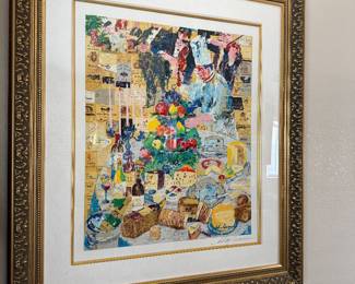 This framed serigraph by Leroy Neiman depicts a vibrant still life of a French-style feast, complete with wine, cheese, fruit, and a central Christmas tree. The work, titled La Cuisine Francaise, reflects Neiman’s celebrated style of blending culinary imagery with rich, colorful compositions
