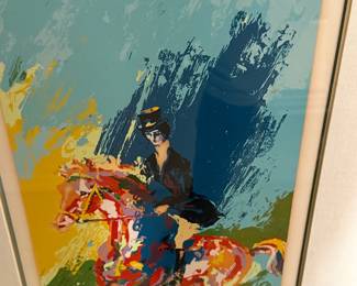 This serigraph by LeRoy Neiman depicts a colorful equestrian scene, with a rider in dark attire guiding a horse through a vividly painted landscape. The work reflects Neiman’s signature bold use of color and dynamic brushstrokes, characteristic of his celebrated equestrian art.