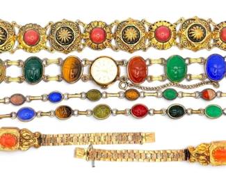 Gold Filled Gold Toned Scarab Beetle Watch, Bracelets, Small Carved Coral Pieces