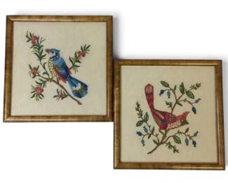 Framed Embroidered Birds on a Branch 8.75 x 8.75 Each