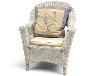 White Wicker Armchair Decorative Rooster Pillow