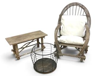 Primitive High Back Rustic Bentwood Chair, Bench Round Metal Storage Basket