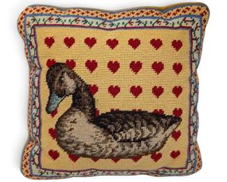 Vintage CrossStitch Duck Throw Pillow with Hearts