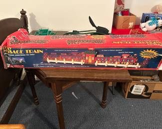vintage 1999 Kurt S. Adler "Holiday Message Train" set in its original red and blue illustrated box.