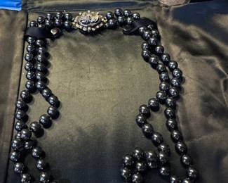 Vintage Menorca Hand knotted Double Chains w/Brooch Black Pearl Necklace