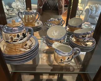 Vintage Takito Japanese Lusterware Hand Painted Porcelain Tea Set, shugar bowk cramer,6 luncheon plates, 6 cups & saucers. circa 1910