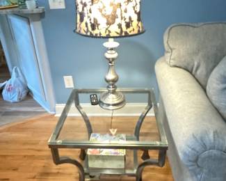 Mid century glass endtables set of 2, Midcentury pewter lamp sey o2