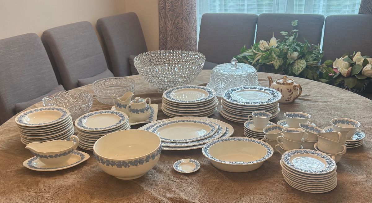 Wedgewood plates, cups, serving dishes